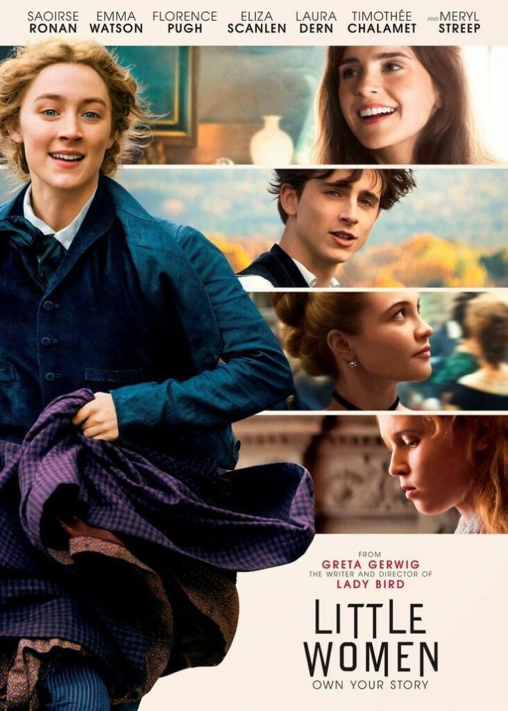 Little Women movie poster featuring main characters in vibrant, dynamic scenes from the film, directed by Greta Gerwig.