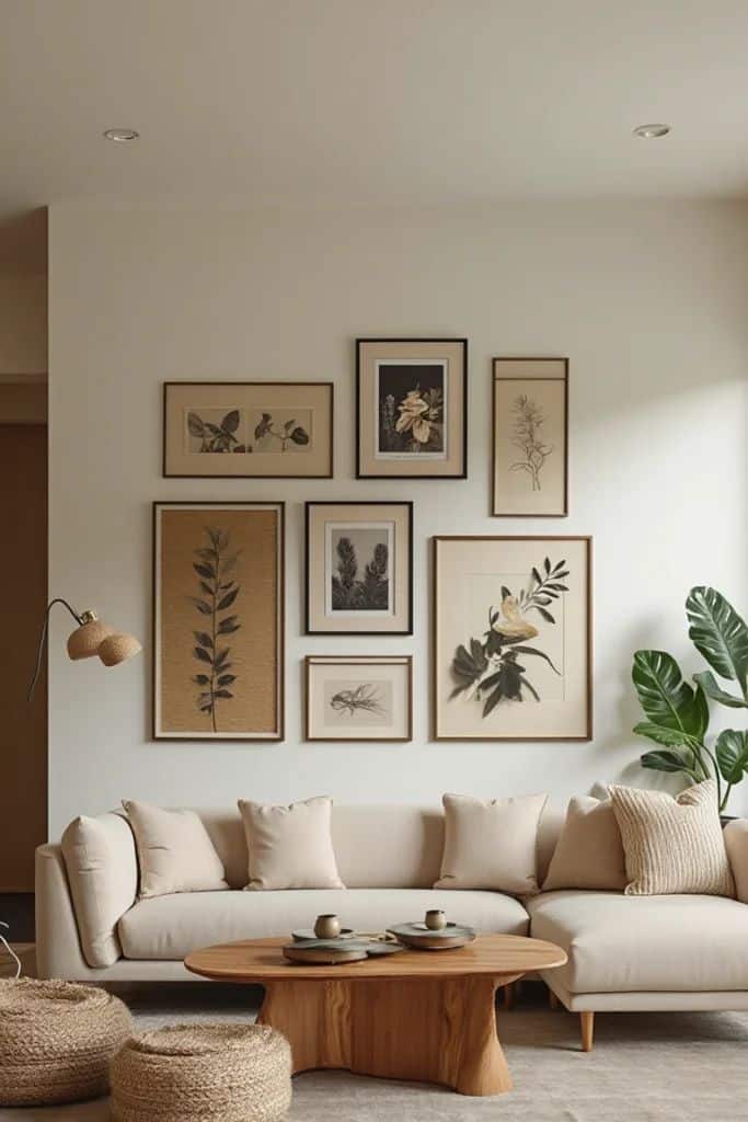 Modern living room with a cozy beige sofa, wooden coffee table, and botanical wall art décor.