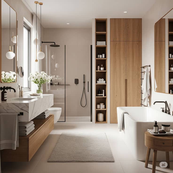 Luxurious Bathroom Design_ Beautiful Bathroom Design Modern bathroom with marble sink, spacious shower, freestanding bathtub, wood accents, and elegant lighting. | Sky Rye Design Modern bathroom with marble sink, spacious shower, freestanding bathtub, wood accents, and elegant lighting.