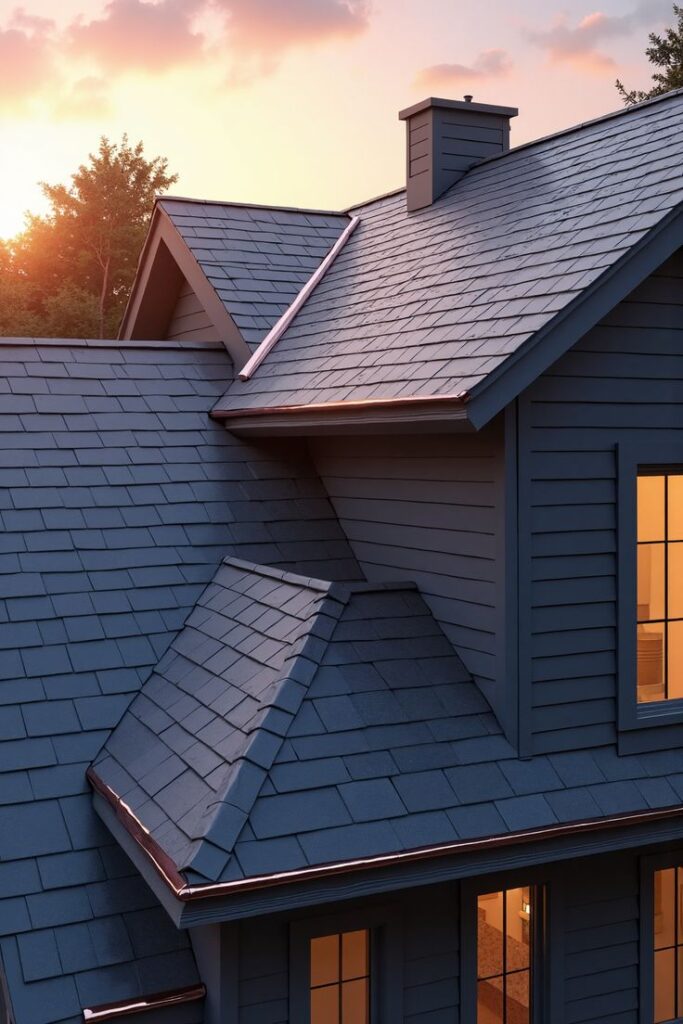 Slate roof of a modern house at sunset, showcasing durable shingles and warm lit windows.
