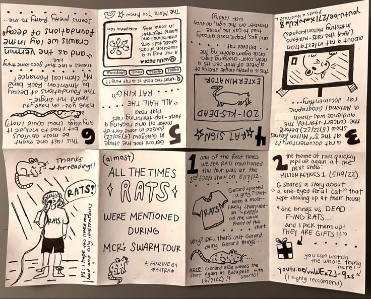 Hand-drawn zine collage about rats mentioned during MCR's Swarm Tour featuring illustrations and text anecdotes.