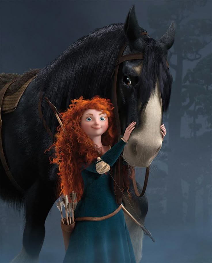 Young archer with red curly hair and horse in a forest setting, holding a bow and quiver, animated movie scene.