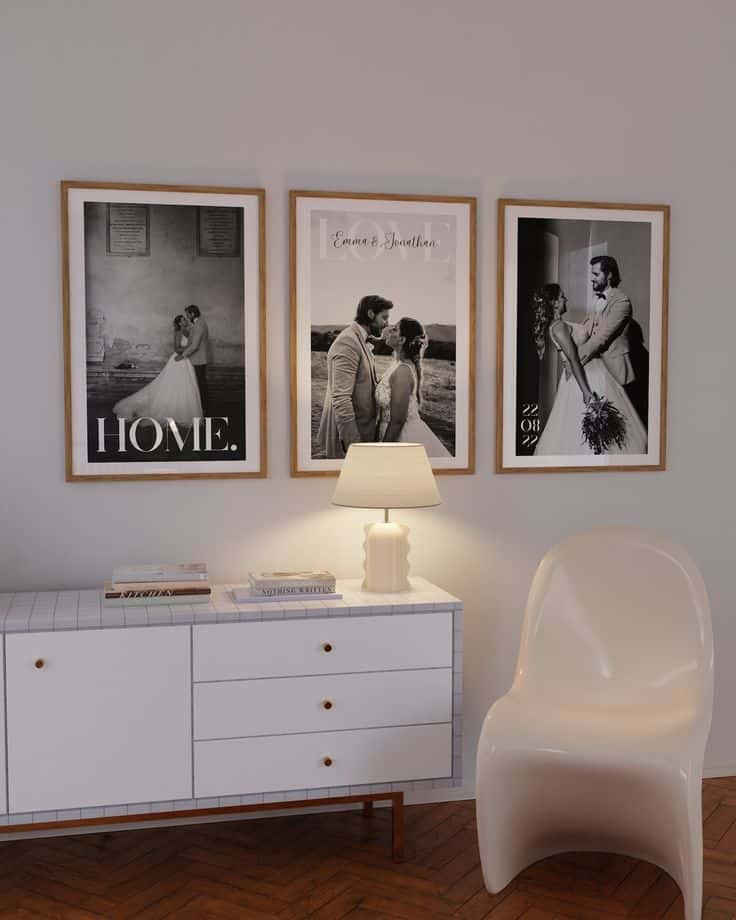 Married in 2024_ Heres the Perfect 1st Anniversary Gift Modern living room with wedding photo wall art, sideboard, lamp, and white chair. | Sky Rye Design Modern living room with wedding photo wall art, sideboard, lamp, and white chair.