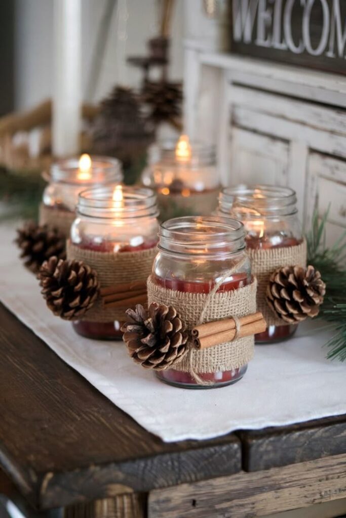 Mason jar candles with pinecones and cinnamon sticks on a rustic table setting, creating a cozy ambiance.
