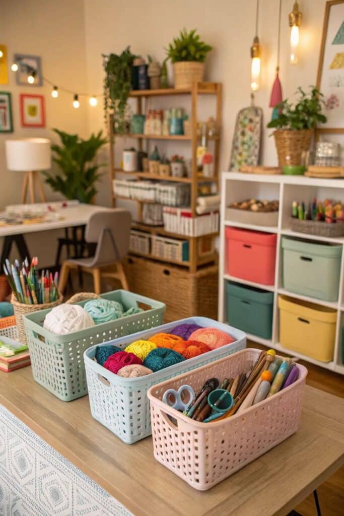 Colorful craft room with yarns, art supplies, and organized storage baskets, perfect for a creative workspace.