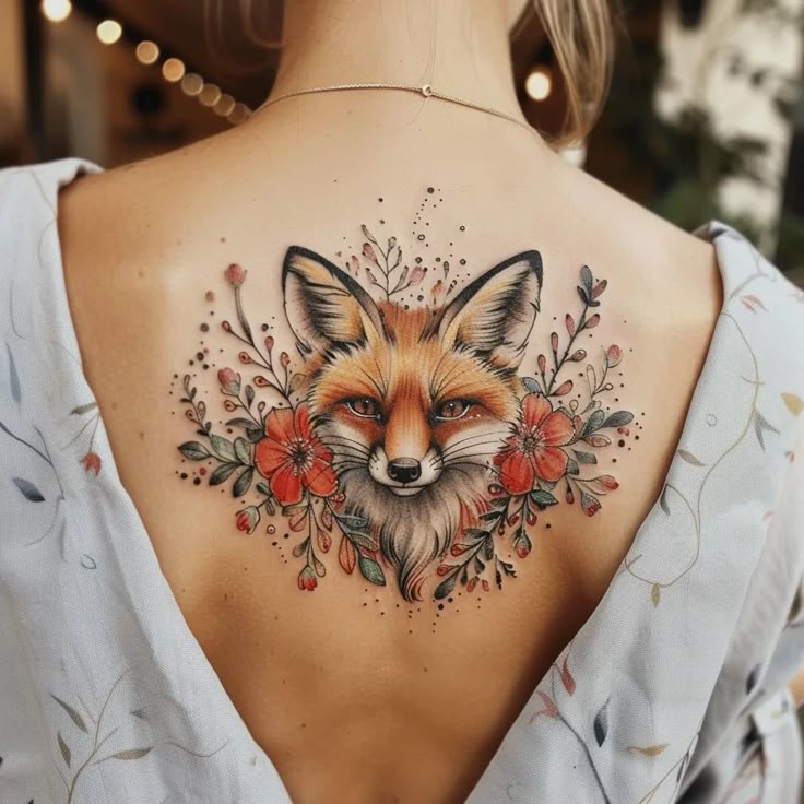 Vibrant fox tattoo with floral design on back, featuring red flowers and intricate detail in an outdoor setting.
