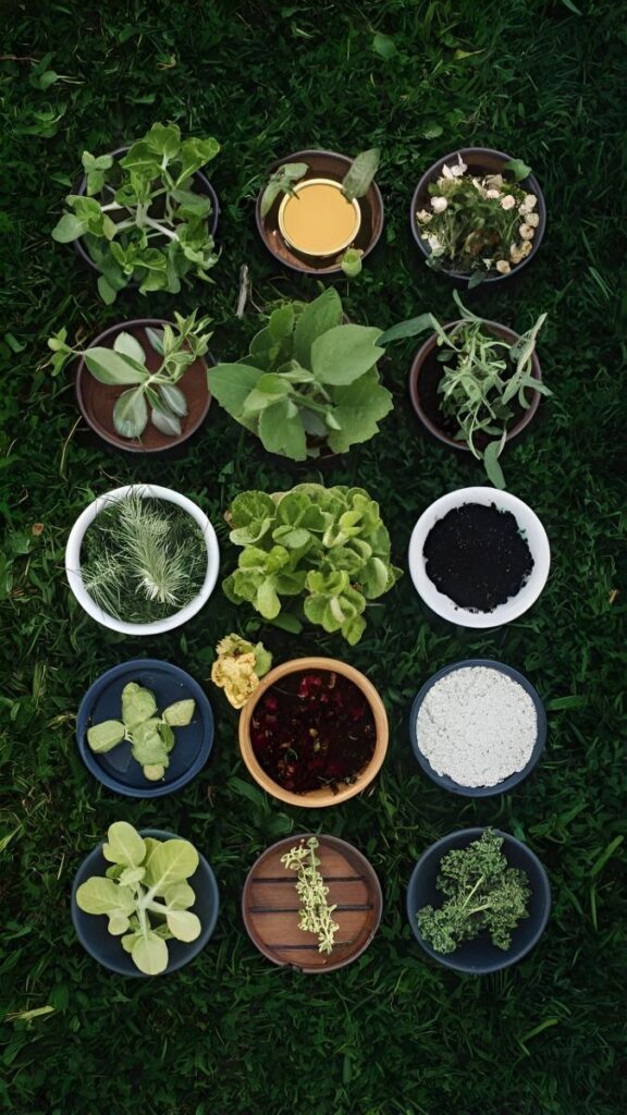 Various herbs and plants arranged in pots on grass, showcasing diverse foliage and colors for gardening inspiration.