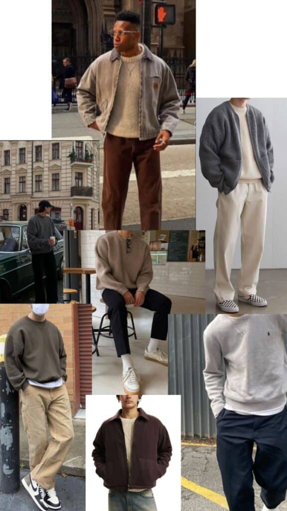 Collage of men's casual winter outfits featuring sweaters, jackets, and trousers in urban settings.