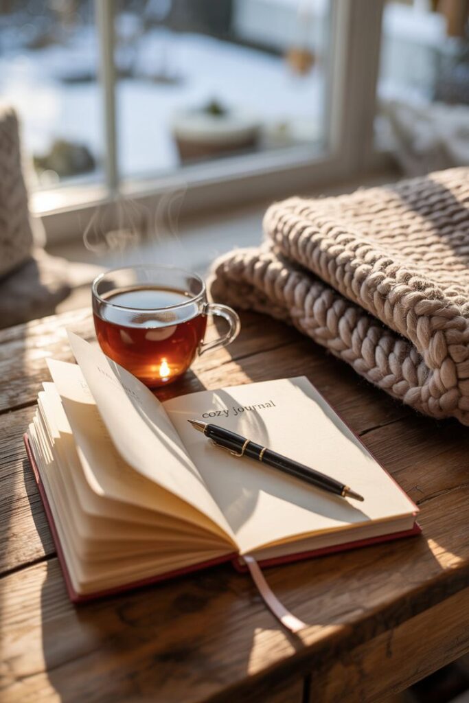 Cozy journal setup with pen, steaming tea, and wool blanket on wooden table by window. Perfect for relaxed writing moments.