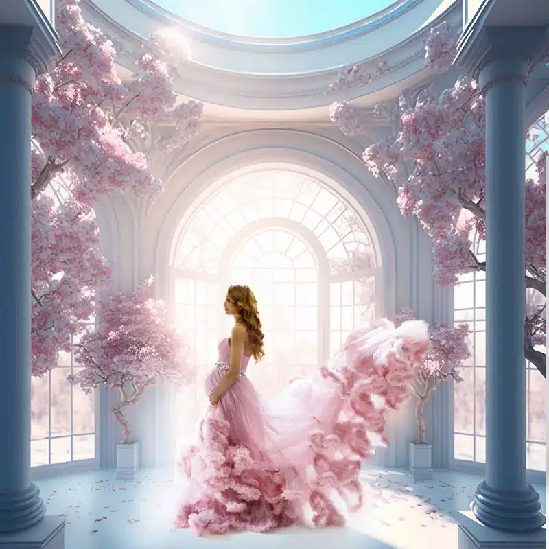 Pregnant woman in flowing pink gown stands in sunlit room with cherry blossoms, evoking elegance and serenity.
