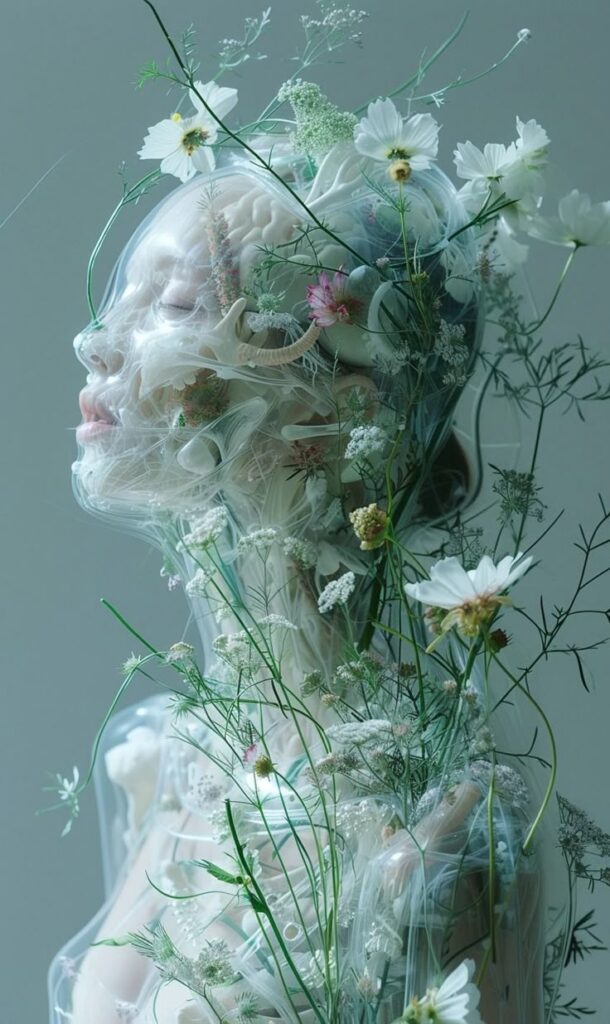 Futuristic floral art: Model entwined with delicate flowers, blending nature and technology in ethereal beauty.