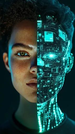 Half-human, half-digital face, representing the fusion of technology and humanity with circuit-like graphics.