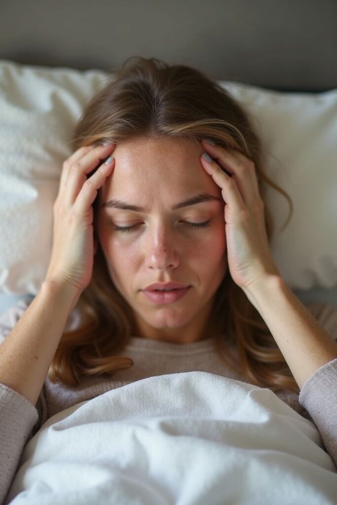 Woman in bed holding head, showing stress or headache, with relaxed expression and cozy surroundings.
