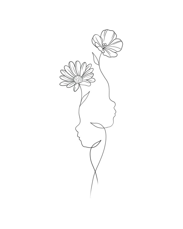 Line art of two faces intertwined with flowers, symbolizing nature and human connection. Minimalist design.