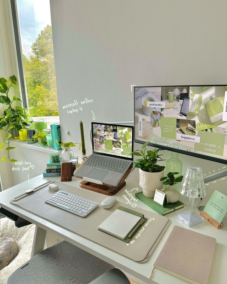 Minimalist home office setup with a laptop, keyboard, mouse, and plants on a white desk by a sunny window.