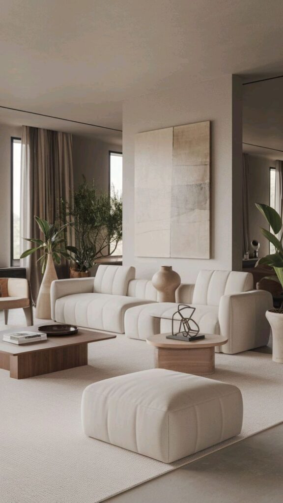 Minimalist Home Design Ideas 💡 Minimalist living room with white sofa, modern decor, plants, and wooden tables. Neutral tones create a calming atmosphere. | Sky Rye Design Minimalist living room with white sofa, modern decor, plants, and wooden tables. Neutral tones create a calming atmosphere.