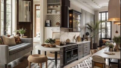 Stylish modern home interior with cozy living area, chic kitchen, and elegant decor featuring plants and neutral tones.