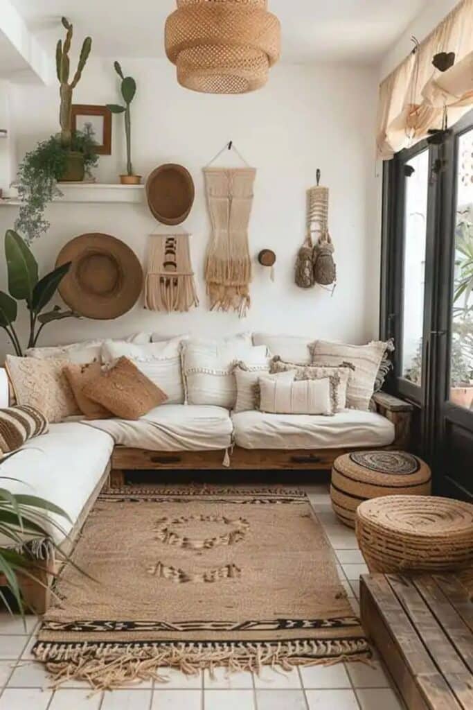 Boho living room with cozy white sofa, woven decor, and earthy tones for a warm, inviting vibe.