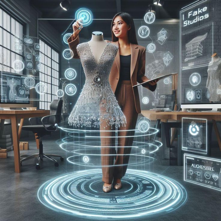 Designer using augmented reality to create a digital dress in a futuristic studio setting with holographic elements.