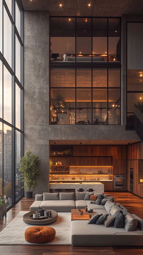 Modern Designed Rooms Modern loft with floor-to-ceiling windows, cozy seating, and an open kitchen design in a luxurious urban setting. | Sky Rye Design Modern loft with floor-to-ceiling windows, cozy seating, and an open kitchen design in a luxurious urban setting. Modern industrial spaces