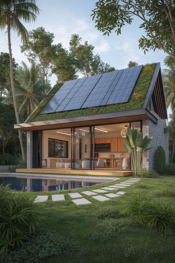 Modern eco-friendly home with solar panels, lush garden, and pool in a serene forest setting.