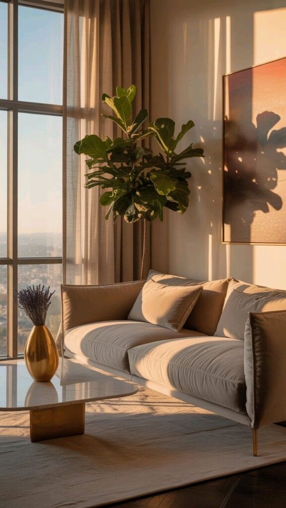 Modern living room with cozy beige sofa, large plant, and sunlight streaming in through a window.