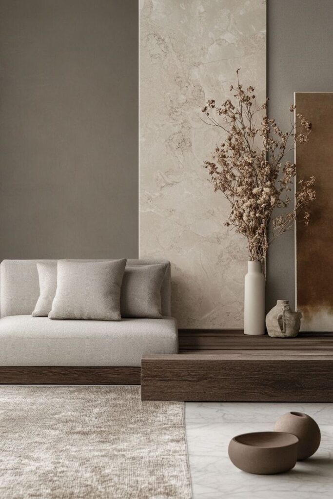 Minimalist living room with beige sofa, neutral decor, and modern art on textured walls. Cozy and elegant interior design.