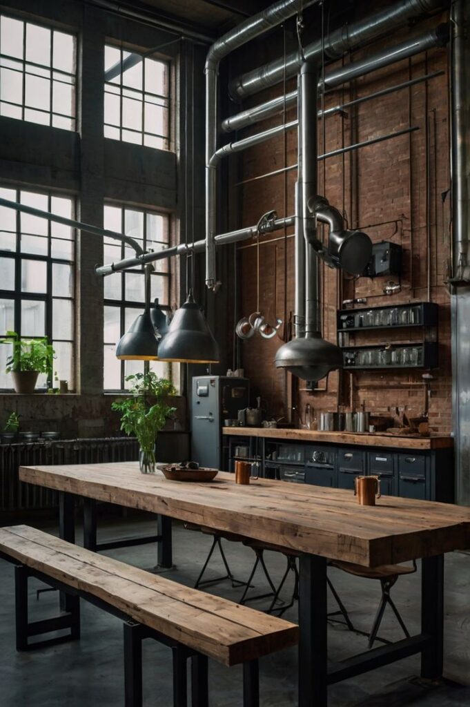 Industrial kitchen with rustic wooden table, metal accents, brick walls, and large windows for natural light.
