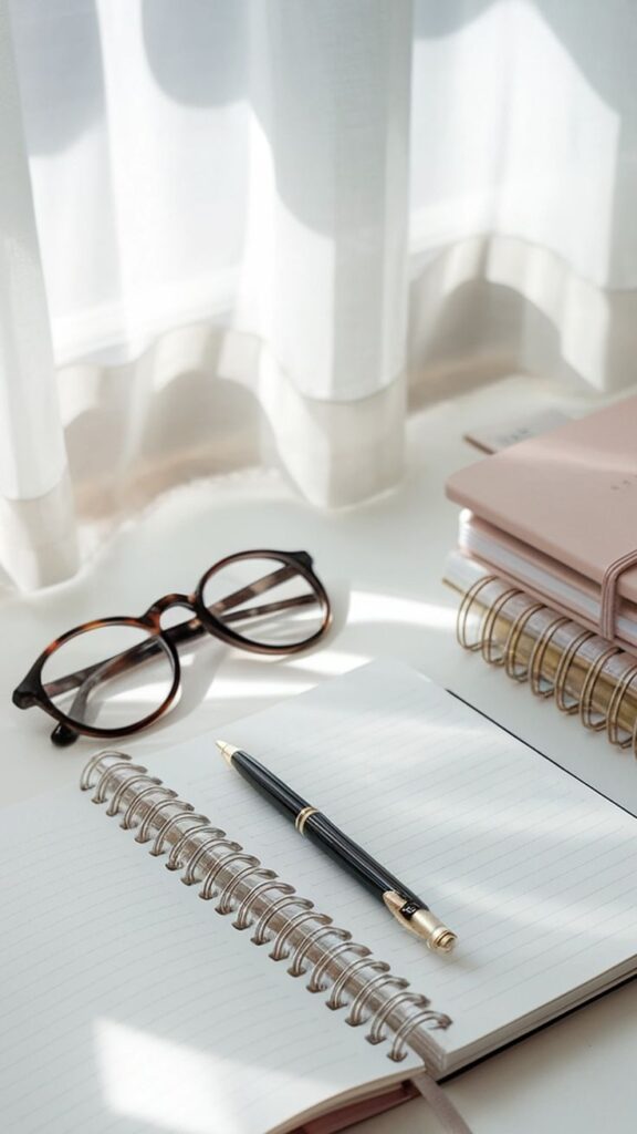 Open notebook with pen and eyeglasses on a bright desk, next to a stack of books near a window with sheer curtains.