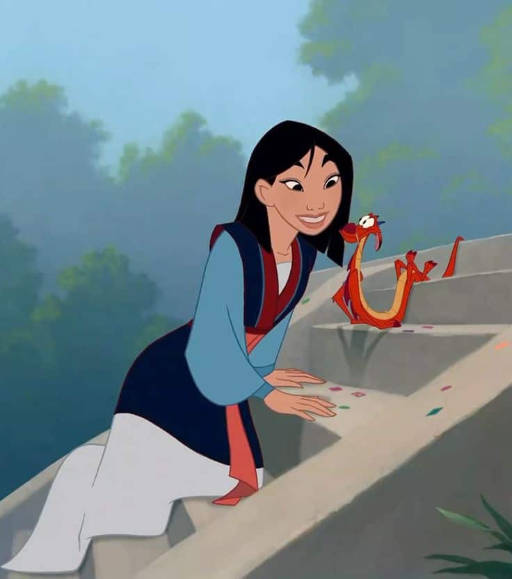 Animated character in traditional attire smiling at a small dragon on steps outdoors.