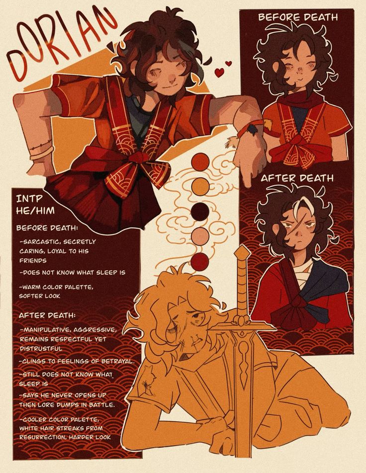 Character profile illustration of Dorian, showing before and after death traits, color palette, and expressive poses.