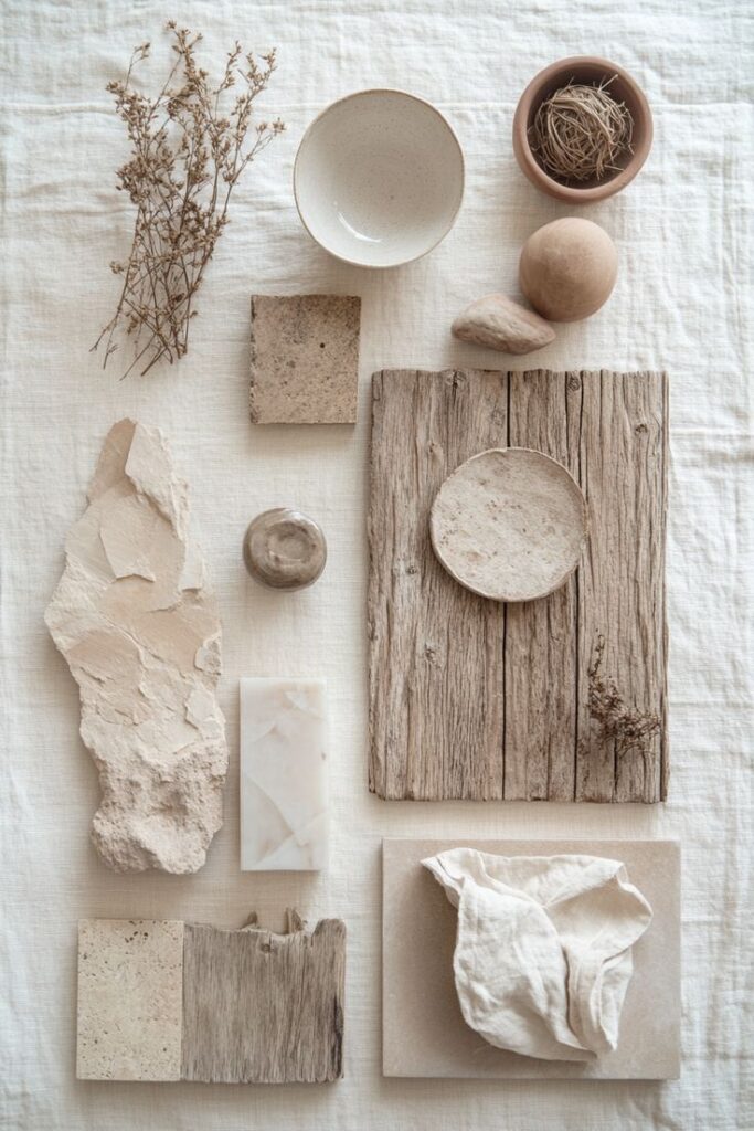 Rustic textures with wood, stone, fabric, and dried plants on a beige background for natural design inspiration.
