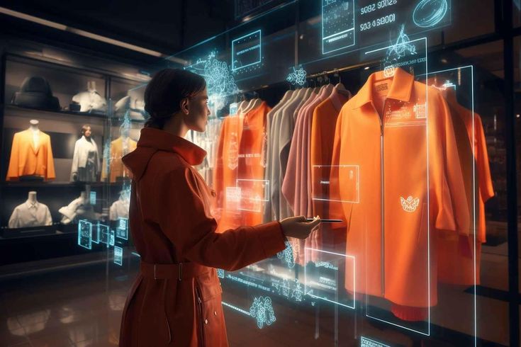 Woman interacts with futuristic digital clothing display in a store, showcasing vibrant orange outfits and tech overlays.