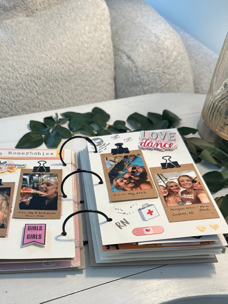 Creative scrapbook pages with photos, stickers, and text about dancing and travel, embellished with clip art designs.