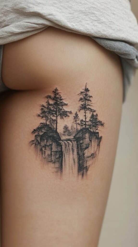 Waterfall tattoo with trees on thigh, showcasing nature's beauty in black ink.