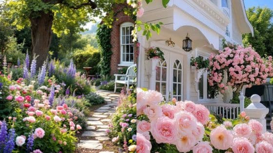 Beautiful garden and charming cottage adorned with blooming pink roses and lush greenery in a serene setting.