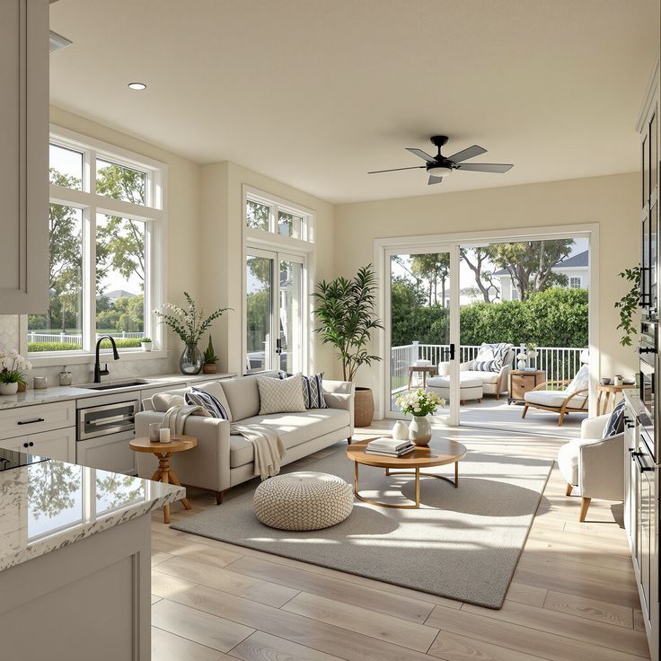 Bright living room with beige sofa, indoor plants, and large windows leading to a sunlit patio with outdoor seating.