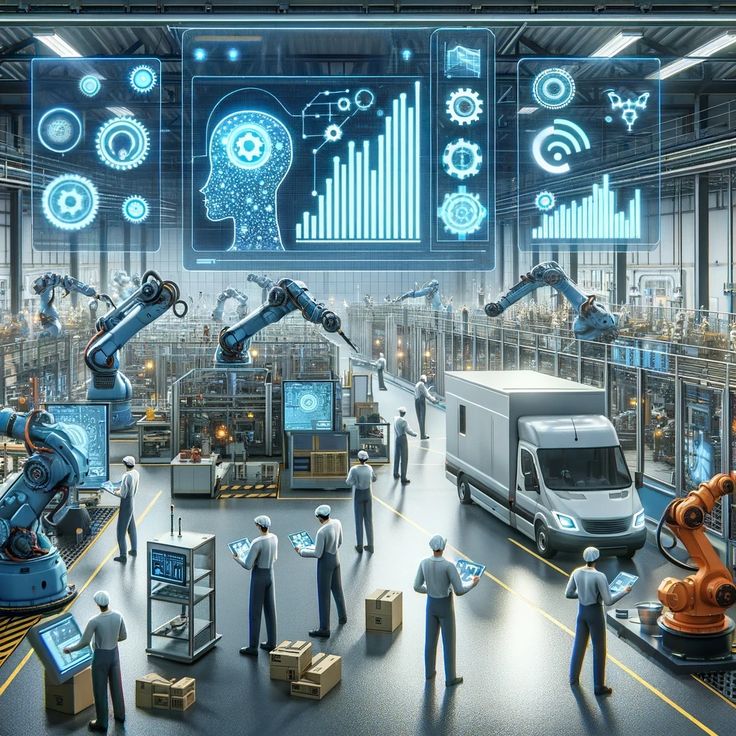 Futuristic factory with robots, digital screens, and workers managing smart logistics through AI technology.