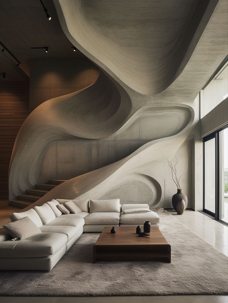 Modern living room with sculptural staircase, white sofa, wooden table, and large windows. Contemporary interior design.