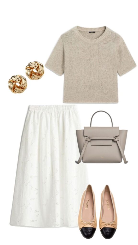 Neutral outfit with beige top, white skirt, gray handbag, black-capped shoes, and gold earrings for a chic look.