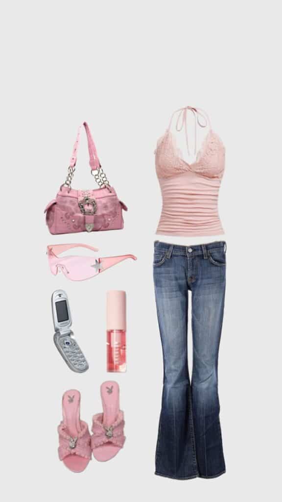 Outfits Inspo🌌🎀 Pink halter top, jeans, sandals, pink handbag, sunglasses, flip phone, and perfume for a chic nostalgic fashion look. | Sky Rye Design Pink halter top, jeans, sandals, pink handbag, sunglasses, flip phone, and perfume for a chic nostalgic fashion look.
