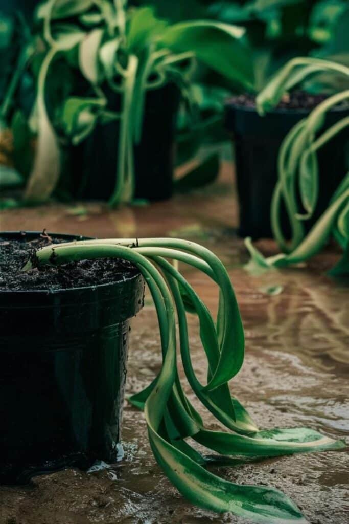 Wilted plant in black pot on wet ground, highlighting need for care and watering.