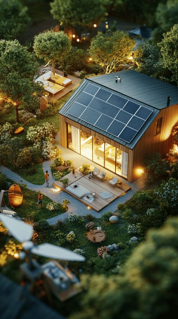 Eco-friendly home with solar panels and lush garden lit by warm outdoor lights at twilight.