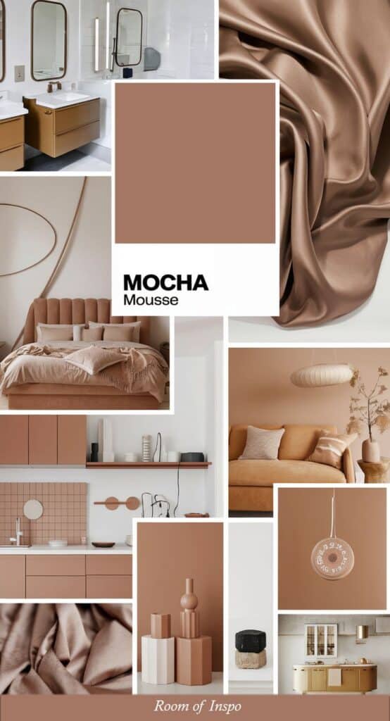 Pantone Color of the Year 2025_ Interior Inspiration Mocha Mousse color palette for modern interior design inspiration, featuring kitchens, living rooms, and fabrics. | Sky Rye Design Mocha Mousse color palette for modern interior design inspiration, featuring kitchens, living rooms, and fabrics.