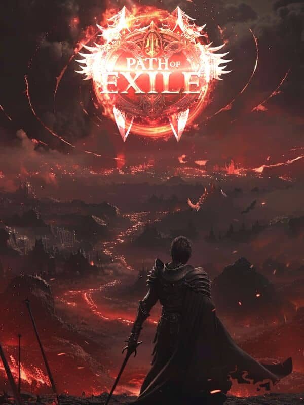 Path of Exile 2 Boosting - Mobile Wallpaper By Captain-Carry Epic warrior facing fiery landscape with Path of Exile logo glowing in the sky. | Sky Rye Design Epic warrior facing fiery landscape with Path of Exile logo glowing in the sky.