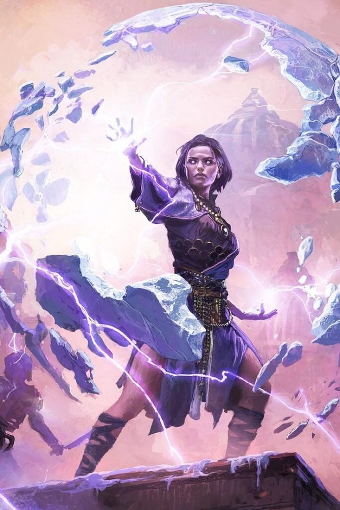 A powerful sorceress in purple unleashes magic, creating an explosive burst of energy, surrounded by floating debris.