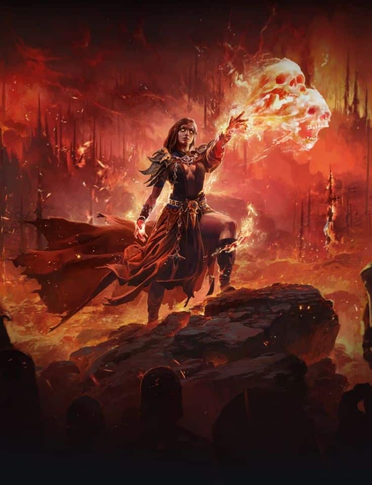 Path of Exile 2_ All Classes and Ascendancies Explained Fantasy sorceress in fiery realm conjuring spectral skulls, wearing ornate armor with intense glowing atmosphere. | Sky Rye Design Fantasy sorceress in fiery realm conjuring spectral skulls, wearing ornate armor with intense glowing atmosphere.