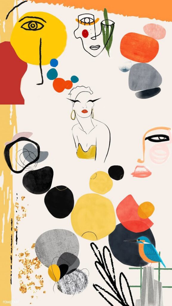Abstract art with colorful geometric shapes, faces, and a blue bird. Bright and modern illustration.