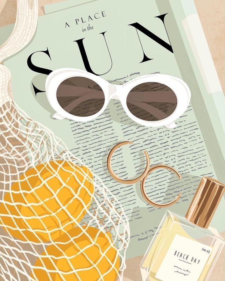 Sunny beach essentials: sunglasses, lemons in a net bag, gold hoops, and perfume on a Place in the Sun magazine.