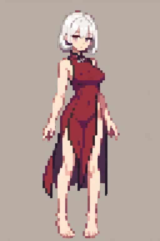 Pixel art of a character in a red dress with white hair on a gray background.